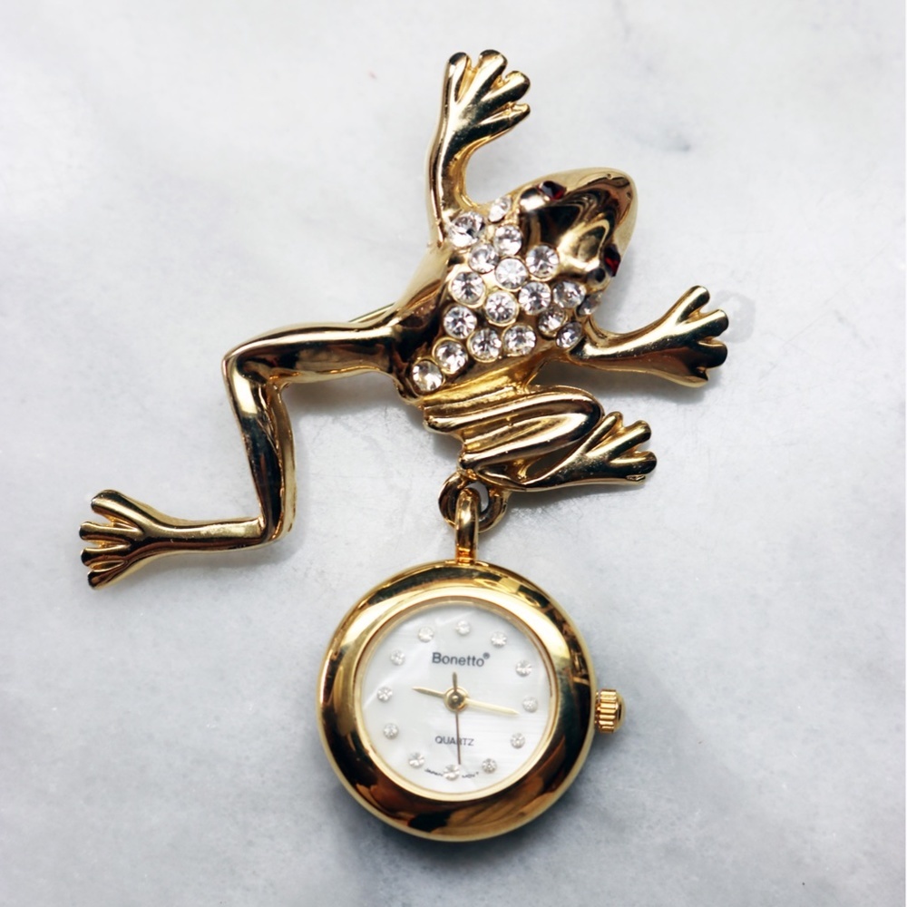 Vintage Bonetto Crystal Frog Watch Brooch